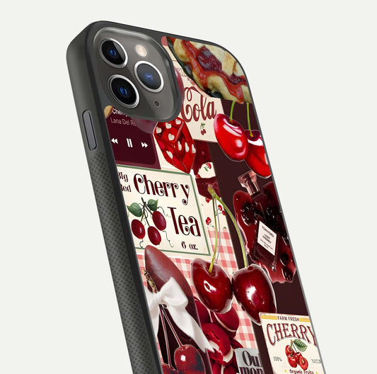 Aesthetic Cherry Tea Glass Case for iPhone 11 Pro Max side-angle image showing cherry collage print, camera module, and glossy finish reflection