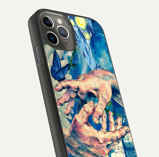 Aesthetic Divider Glass Case for iPhone 11 Pro Max side-angle image showing divider pattern print, camera module, and glossy finish reflection