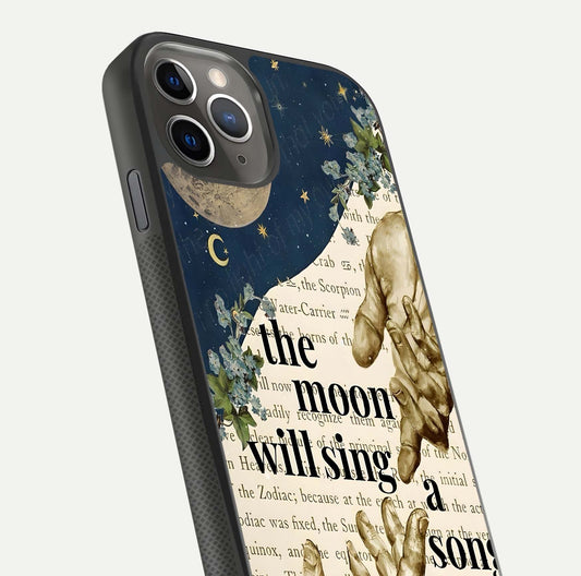 Aesthetic Divine Glass Case for iPhone 11 Pro Max side-angle image showing divine abstract design, camera module, and glossy finish reflection