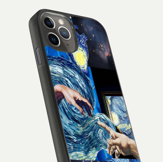 Aesthetic Vando Hands Glass Case for iPhone 11 Pro Max side-angle image showcasing hand design, protective edges, and gloss texture