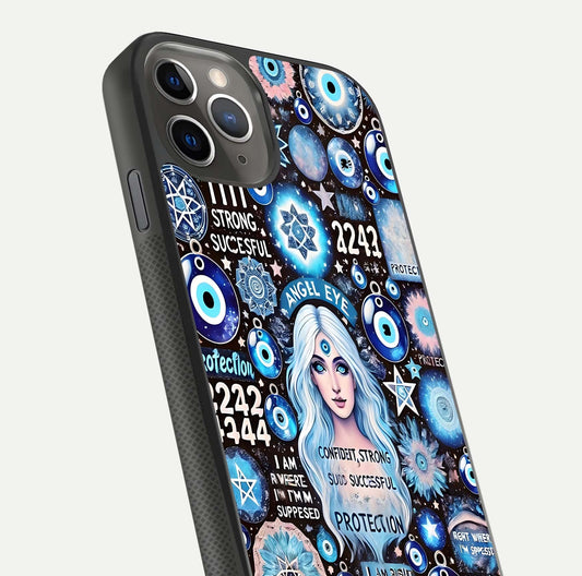 Angel Aura Shield Glass Case for iPhone 11 Pro Max side-angle photo showcasing aura details and glossy surface reflection