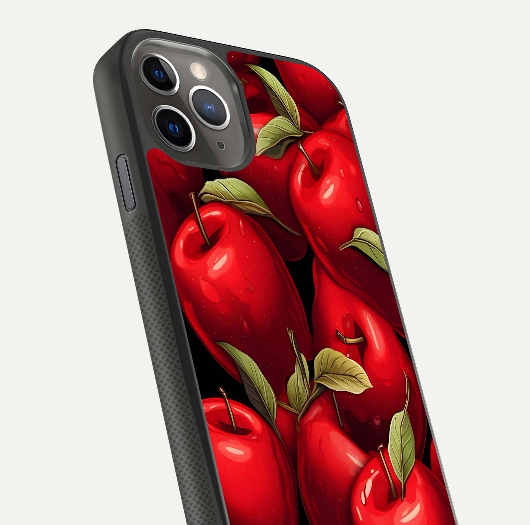 Apple Pattern Glass Case for iPhone 11 Pro Max side-angle image showcasing minimalist apple print and gloss reflection