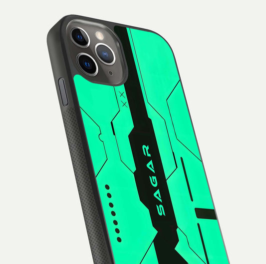 Aqua Tech CYBERPUNK Custom Name Glass Case for iPhone 11 Pro Max side-angle image with glowing edges and glossy surface