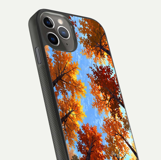 Autumn Sky Rise Glass Case for iPhone 11 Pro Max side-angle showing autumn art tones and protective corners