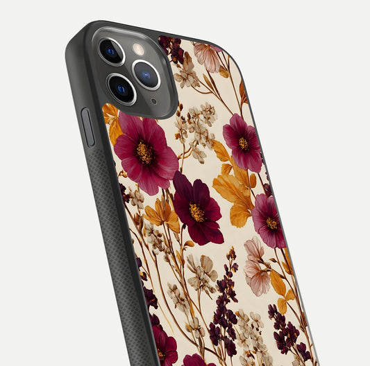 Autumn Wine Bloom Glass Case for iPhone 11 Pro Max side-angle showcasing floral design, texture gloss, and camera frame