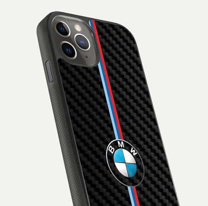 BMW Pattern Glass Case for iPhone 11 Pro Max side-angle image showing edge finish and luxury car-inspired shine