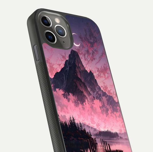 Beautyful Mountain View Glass Case for iPhone 11 Pro Max side-angle image displaying mountain artwork and gloss surface