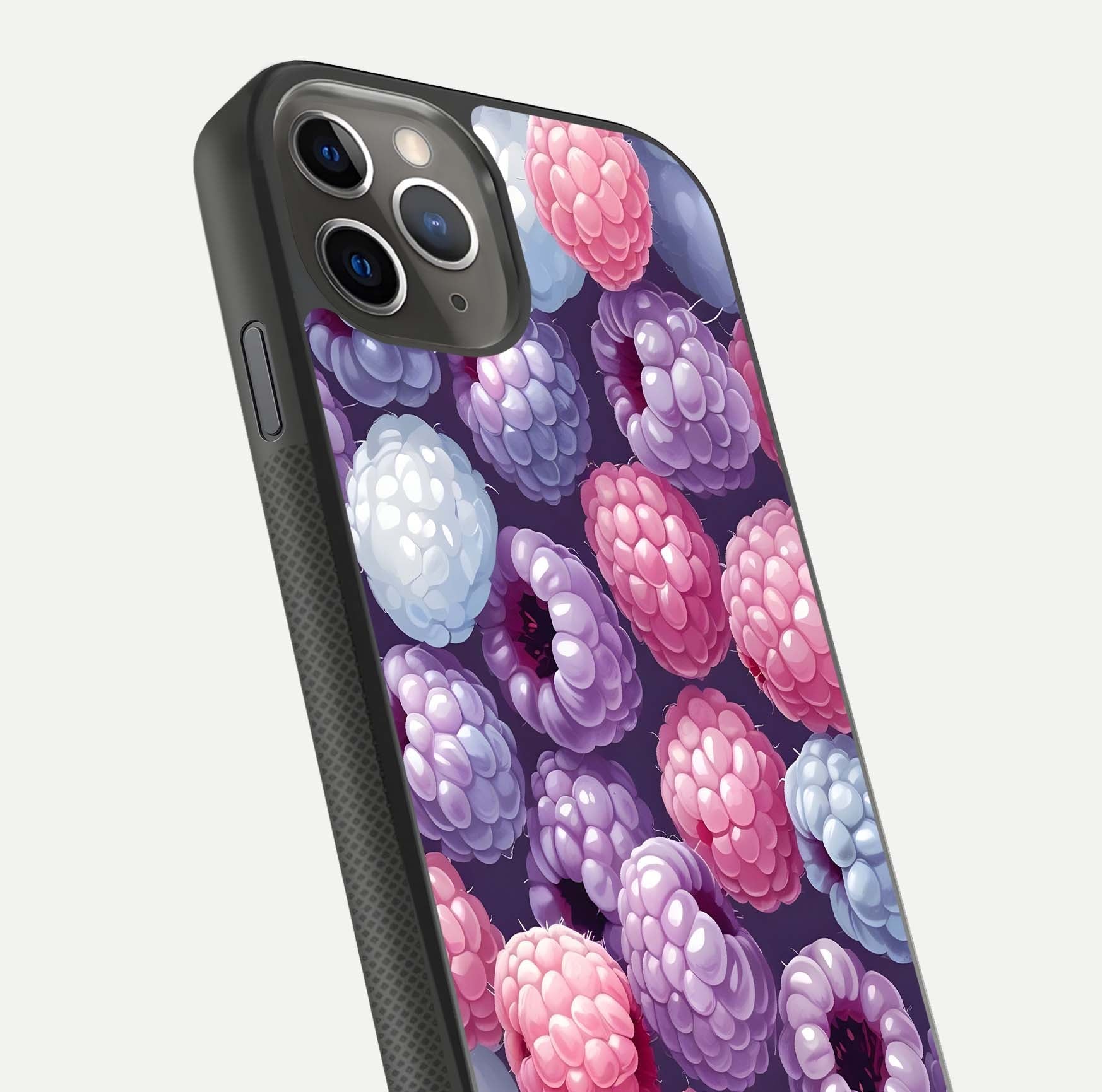 Berry Candy Pop Glass Case for iPhone 11 Pro Max side-angle image with bright color tones and smooth reflection