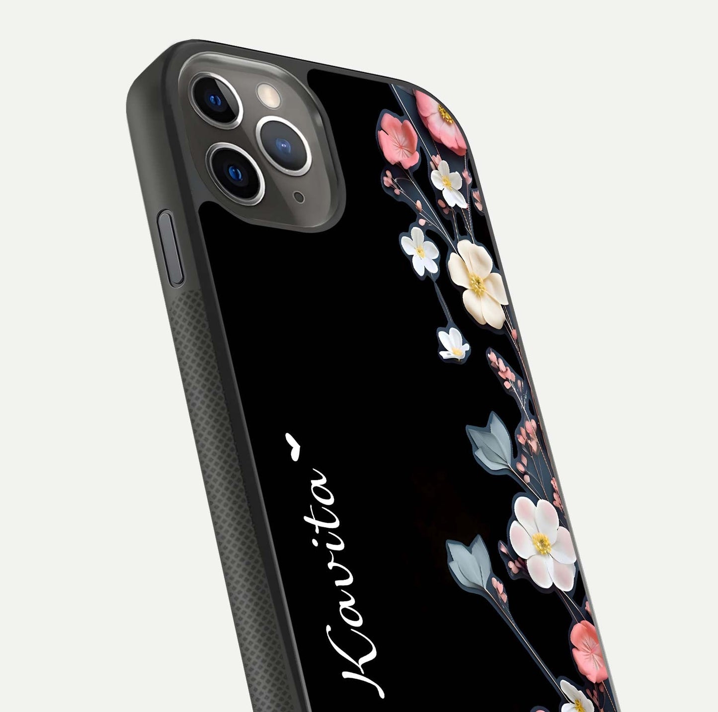 Black Elegance Floral Custom Name Glass Case for iPhone 16 Pro side-angle showing black gloss depth and delicate print texture