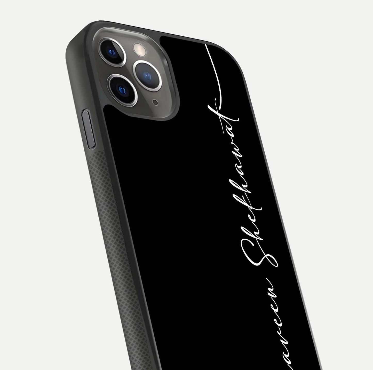 Black Tune Custom Name Glass Case for iPhone 16 Pro side-angle photo showing mirror-like surface and slim profile
