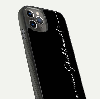Black Tune Custom Name Glass Case for iPhone 16 Pro side-angle photo showing mirror-like surface and slim profile