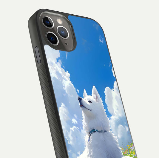 Blissful Cloud Pup Glass Case for iPhone 11 Pro Max side-angle shot displaying puppy print and glossy texture