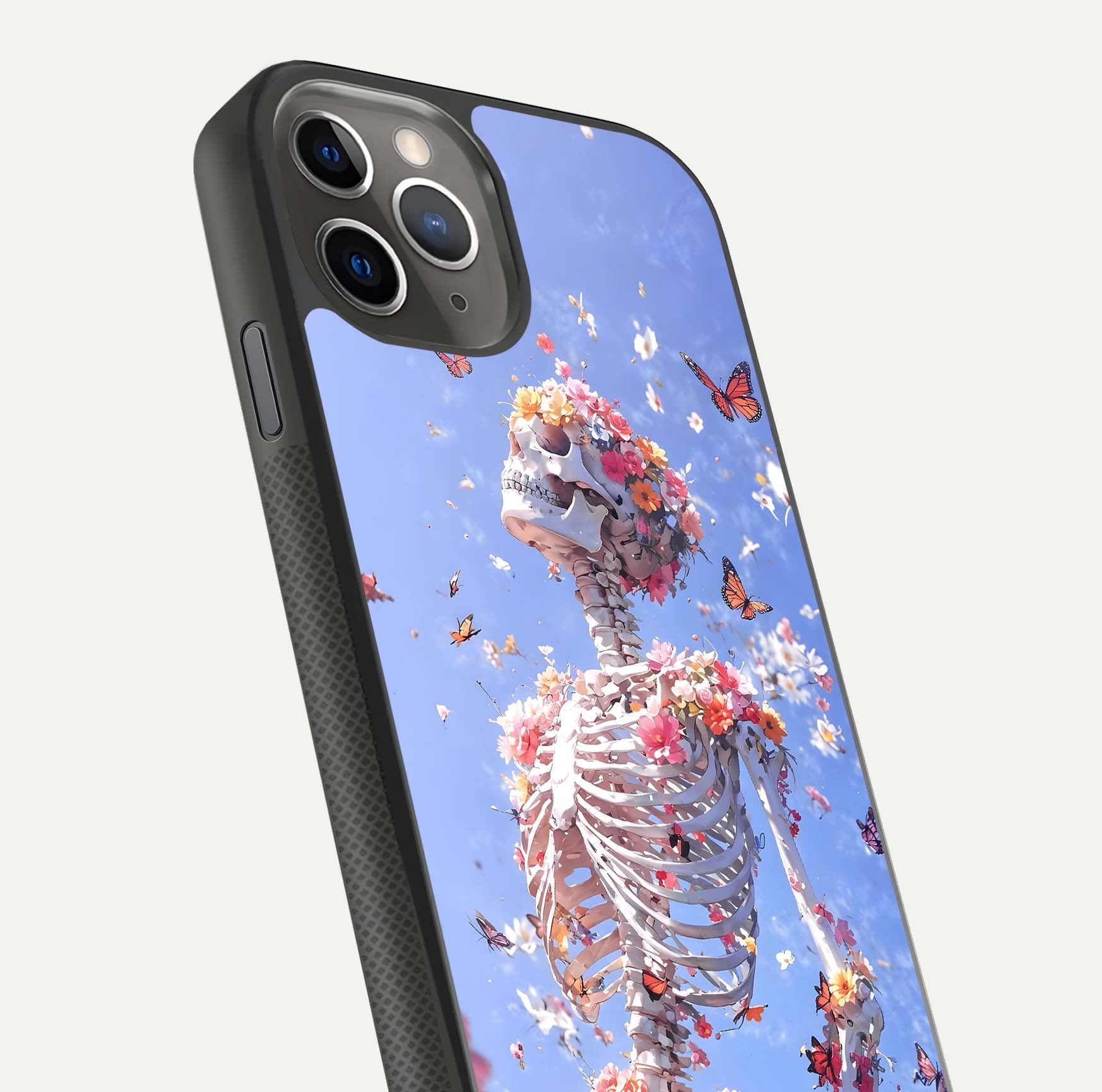 Bloom Beyond Bones Glass Case for iPhone 11 Pro Max side-angle image highlighting print precision and gloss finish