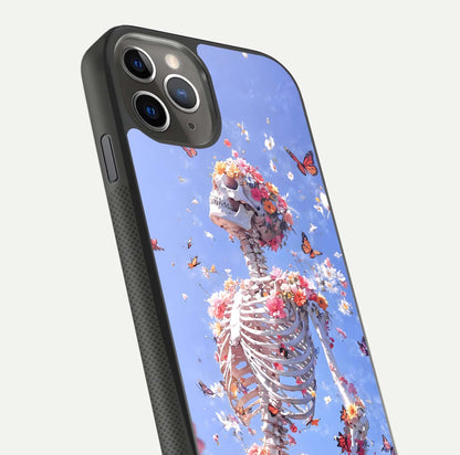 Bloom Beyond Bones Glass Case for iPhone 11 Pro Max side-angle image highlighting print precision and gloss finish