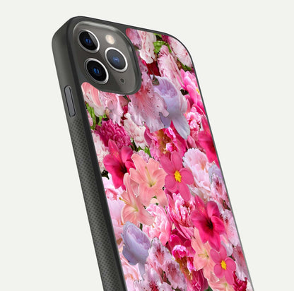 Bloom Crush Fantasy Glass Case for iPhone 11 Pro Max side-angle shot with fantasy bloom art and gloss surface