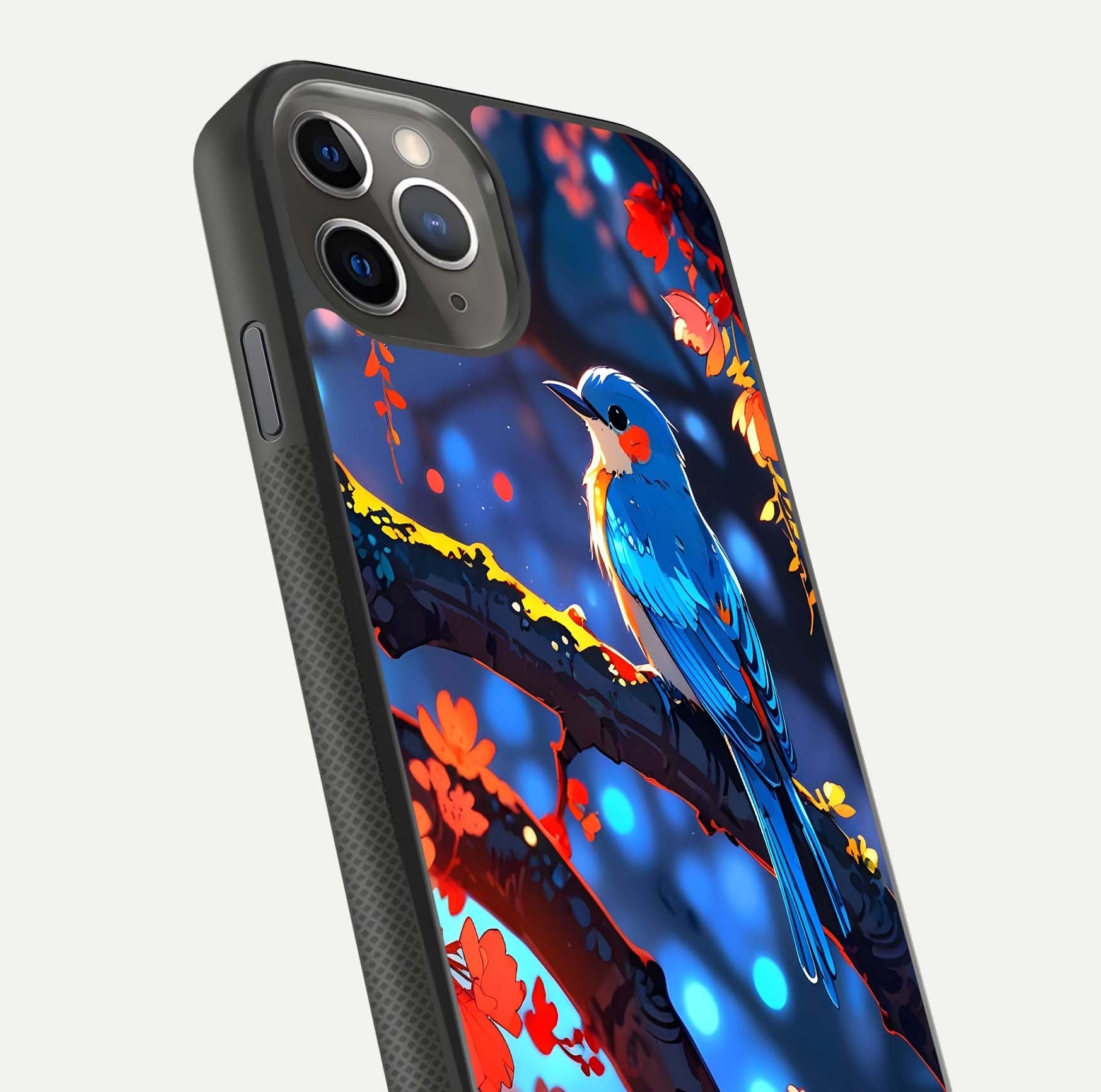 Blooming Spendor Bird Glass Case for iPhone 11 Pro Max side-angle photo showing floral wings and reflection finish