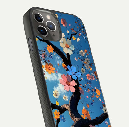 Blossom Dream Sky Glass Case for iPhone 11 Pro Max side-angle photo showing flower details, edge curve, and reflection shine