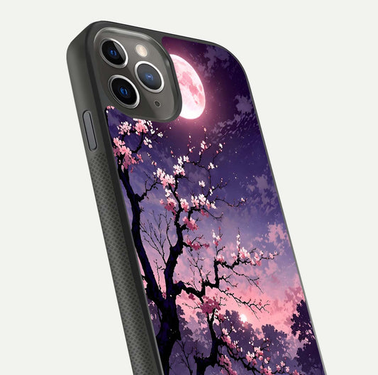 Blossom Pink Moon Glass Case for iPhone 11 Pro Max side-angle image showing glossy curve and floral-moon balance