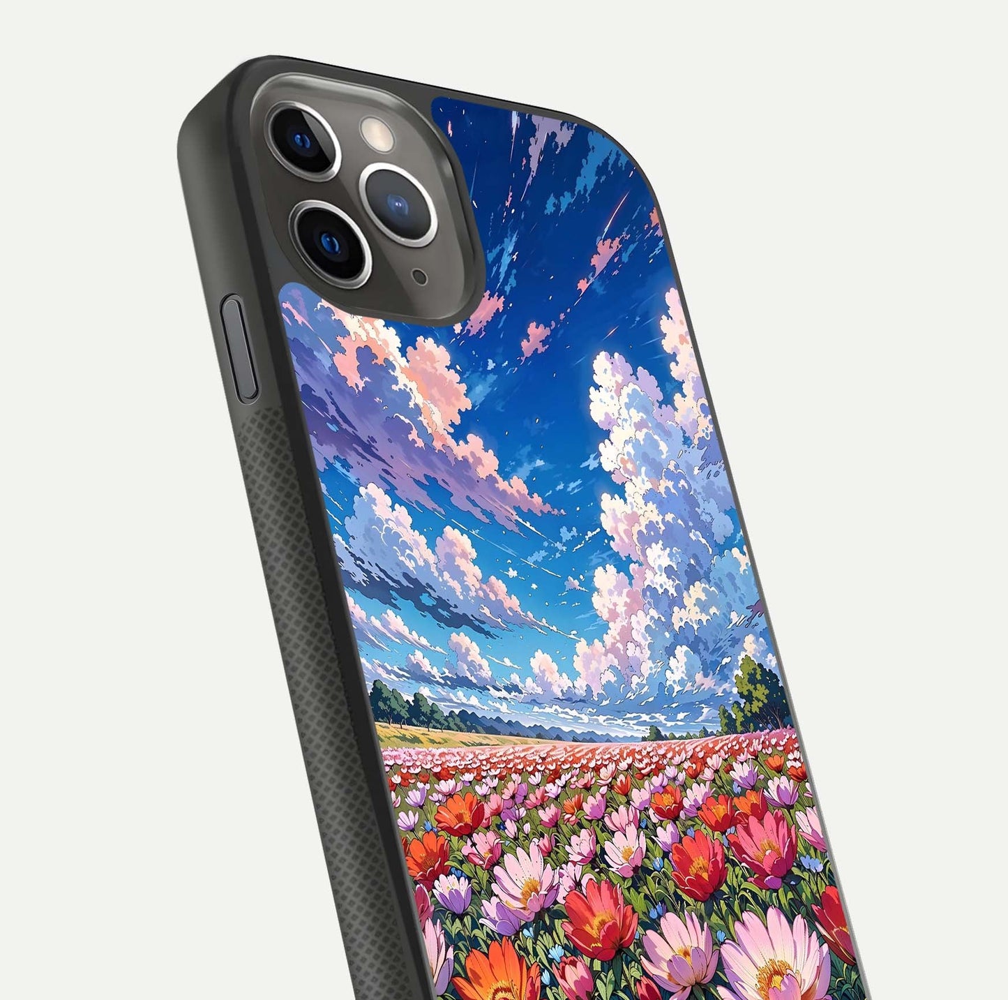 Blossom Sky Field Glass Case for iPhone 11 Pro Max side-angle showing sky hues, blossom texture, and reflective shine