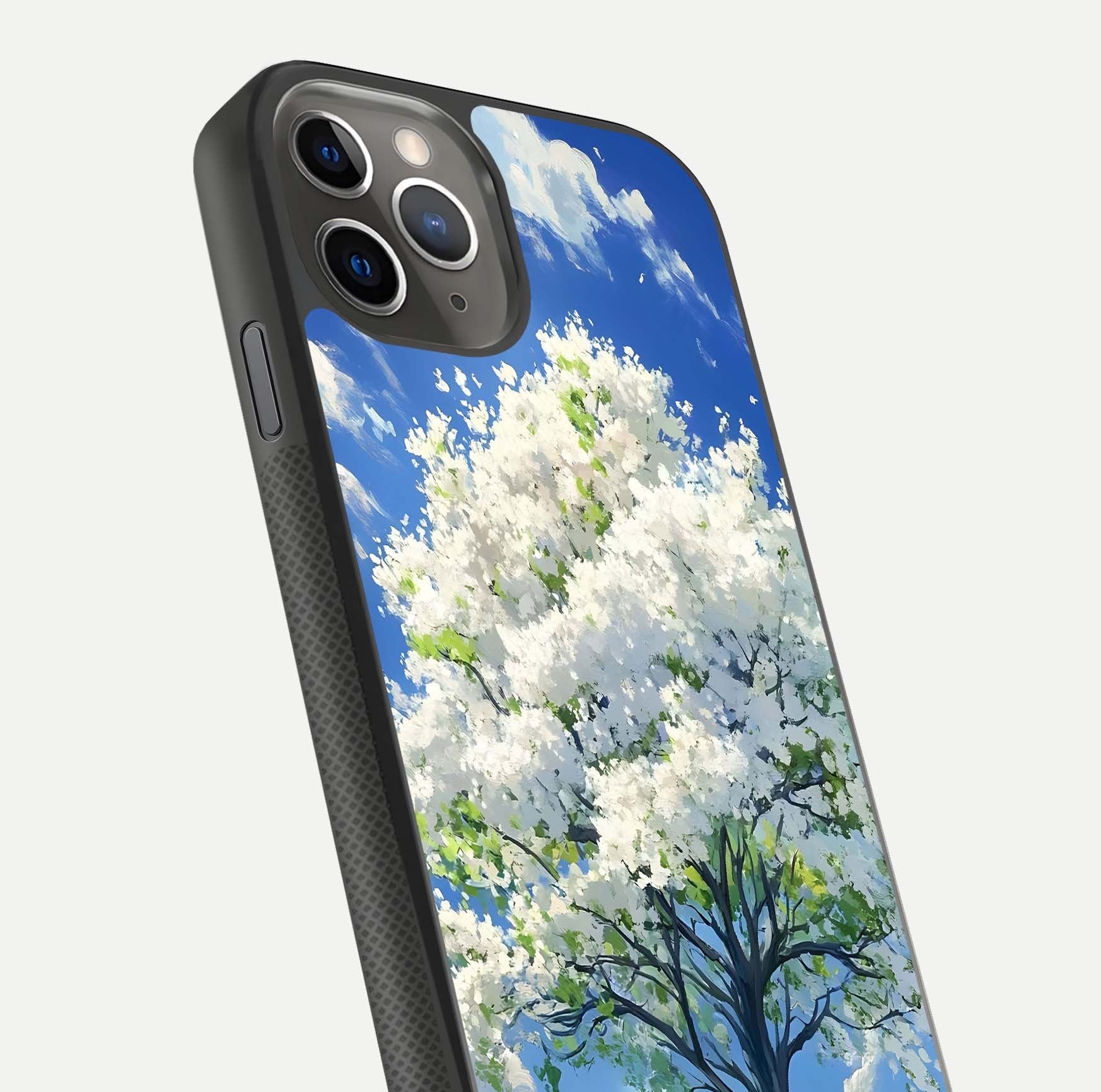 Blossom Sky Serenity Glass Case for iPhone 11 Pro Max side-angle image showing elegant edge flow and light reflection
