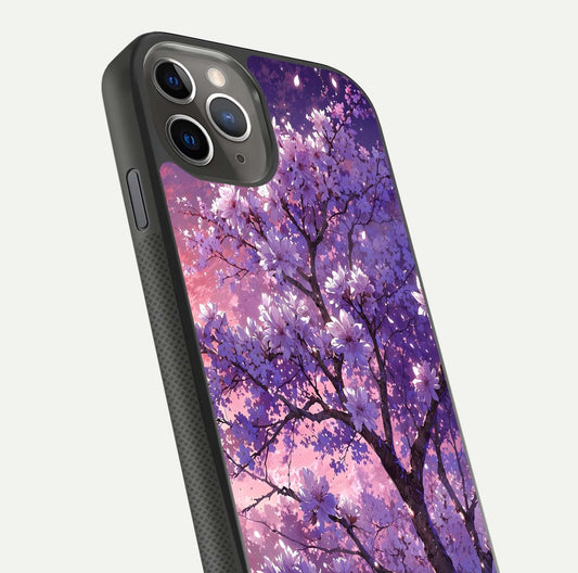 Blossom Tree Glass Case for iPhone 11 Pro Max side-angle image showing floral tree artwork and reflection gloss
