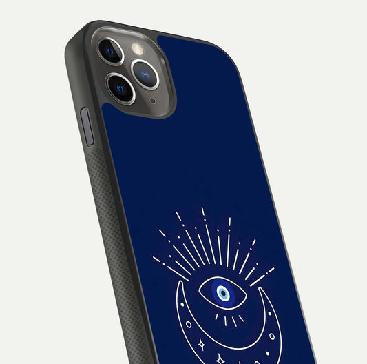 Blue Evil Eye Glass Case for iPhone 11 Pro Max side-angle view showing edge glow, color balance, and reflective surface