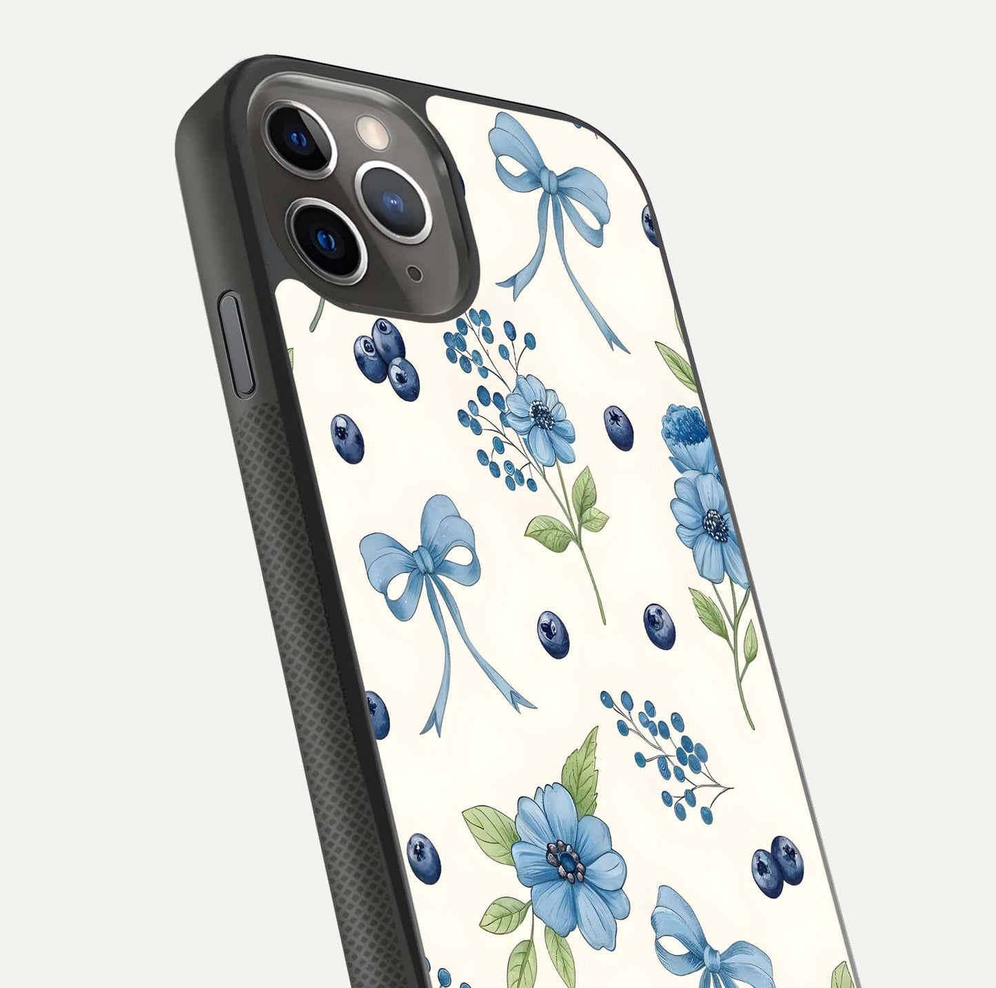 Blue Flower & Bow Glass Case for iPhone 11 Pro Max side-angle image showing bow-floral mix and HD finish shine