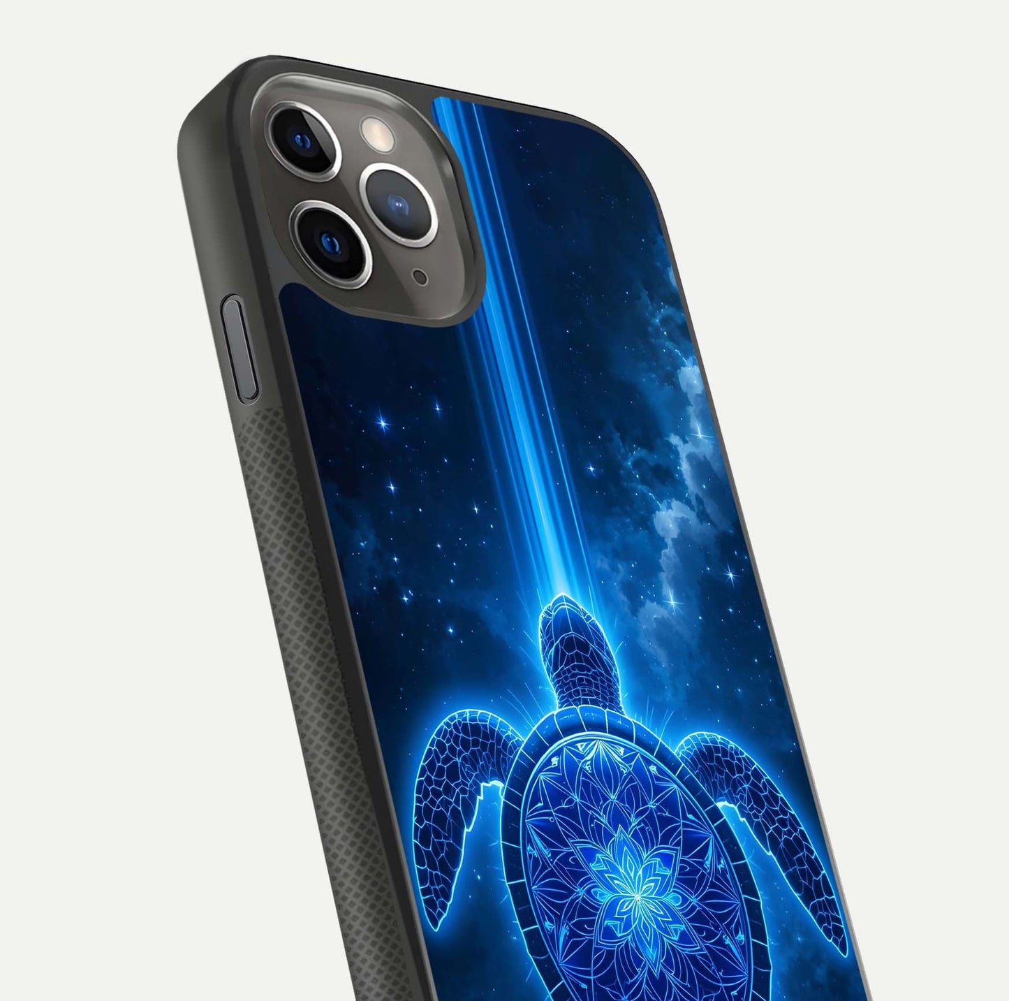 Blue Galaxy Turtle Glass Case for iPhone 11 Pro Max side-angle photo capturing galaxy shine and smooth edge design