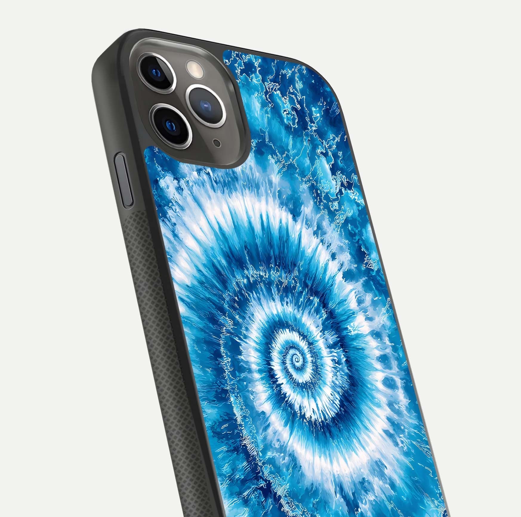 Blue Galaxy Wave Glass Case for iPhone 11 Pro Max side-angle image showing wave ripple art and glass gloss