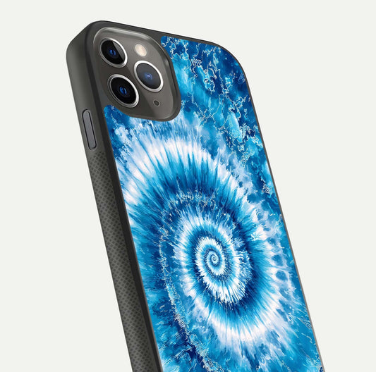 Blue Galaxy Wave Glass Case for iPhone 11 Pro Max side-angle image showing wave ripple art and glass gloss