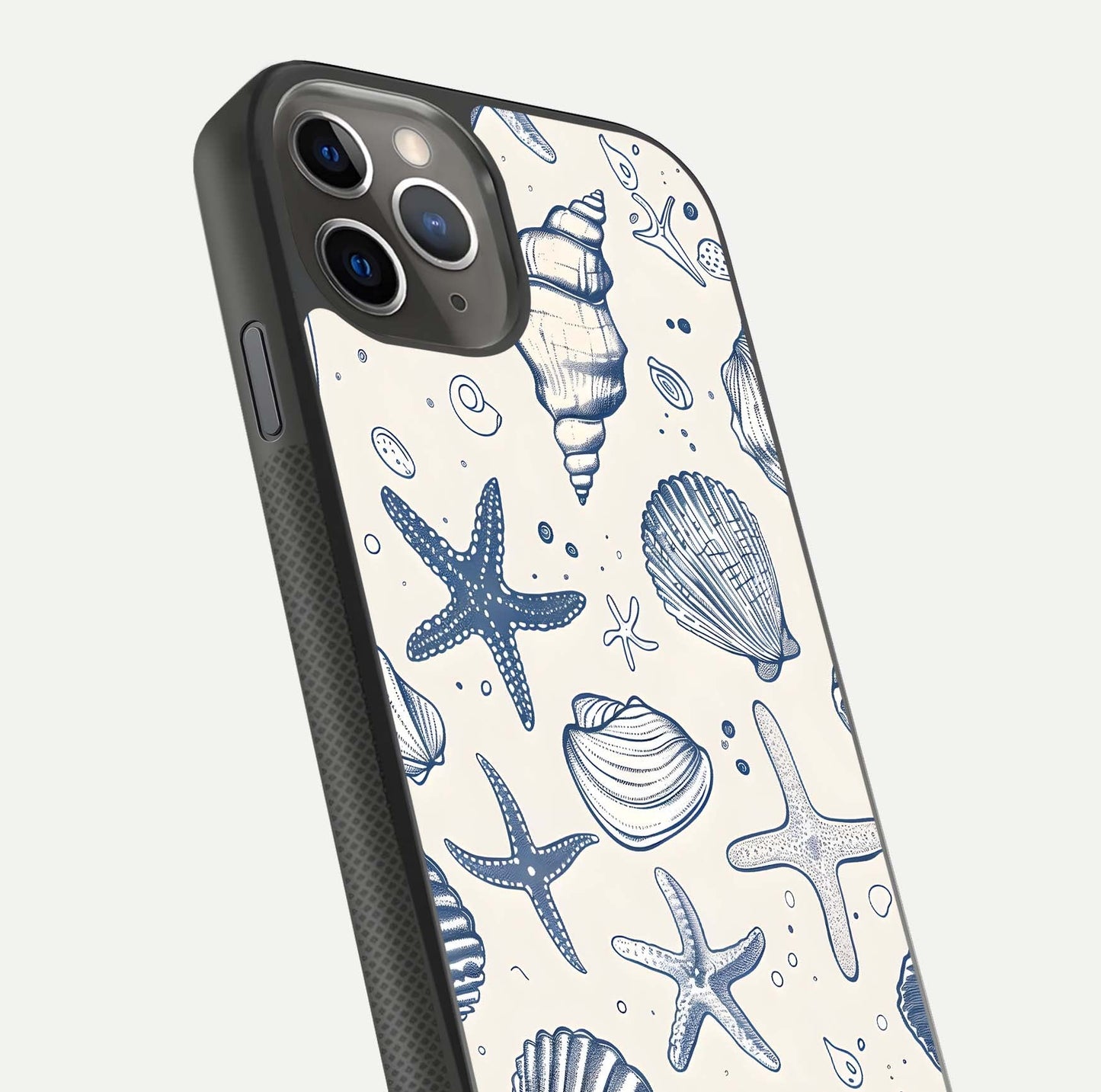 Blue Ocean Outline Glass Case for iPhone 11 Pro Max side-angle view showing clear edge lines and oceanic blue glow