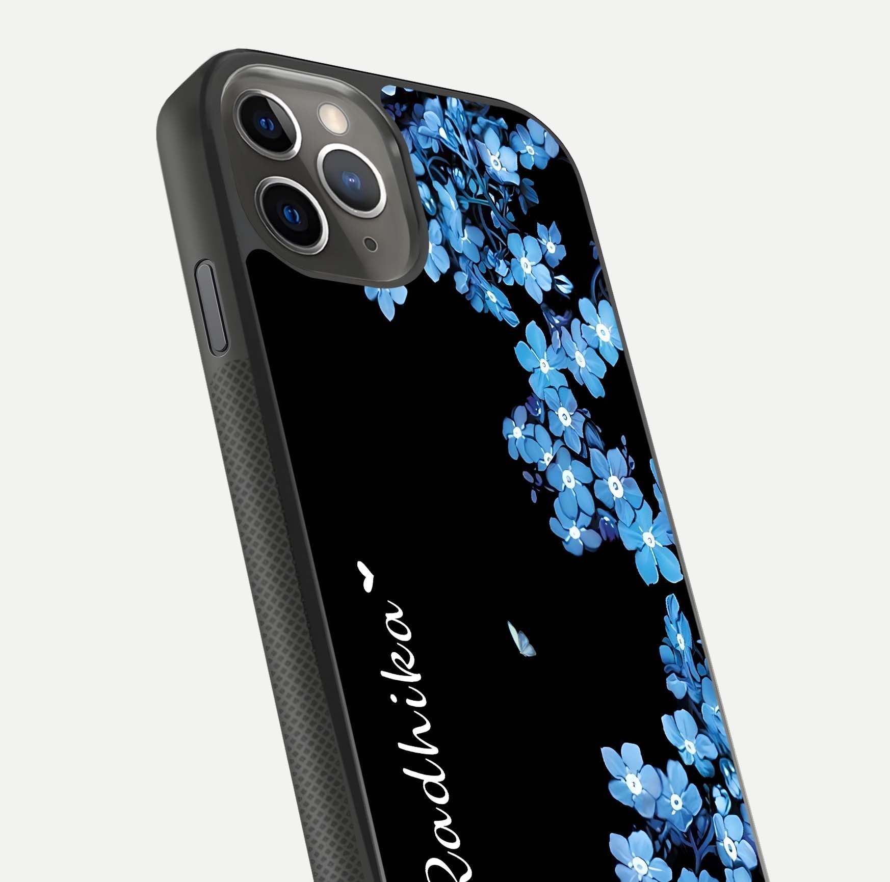 Blue Petal Dream Custom Name Glass Case for iPhone 11 Pro Max side-angle image showing name print clarity and smooth gloss