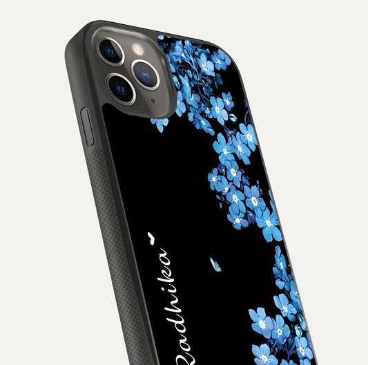 Blue Petal Dream Custom Name Glass Case for iPhone 11 Pro Max side-angle image showing name print clarity and smooth gloss