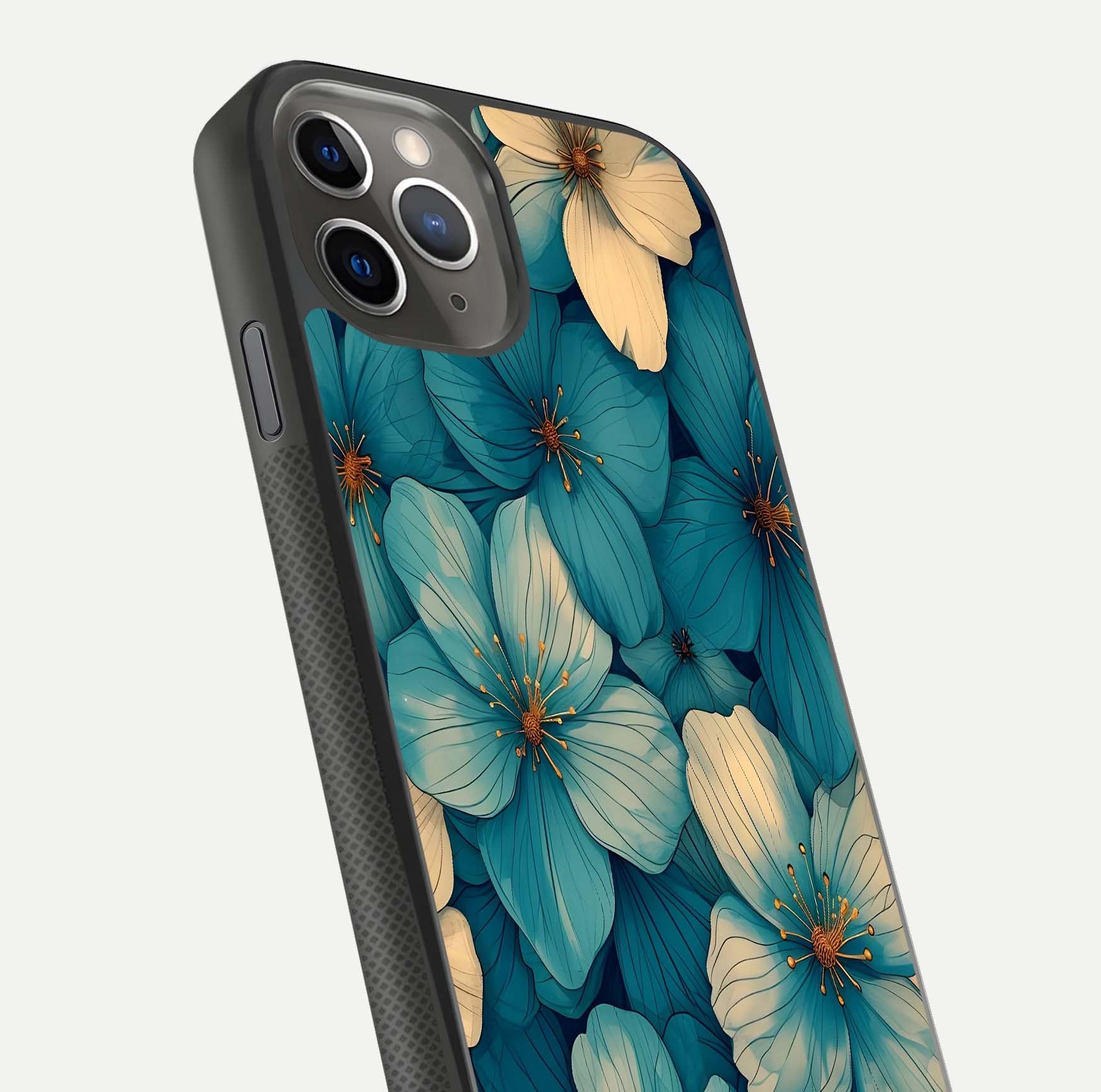 Blue Shade Floral Glass Case for iPhone 11 Pro Max side-angle photo showing detailed floral hues and curved glass shine