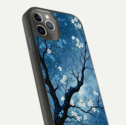 Blue Tree Serenity Glass Case for iPhone 11 Pro Max side-angle shot showing glossy edge and tree pattern reflection