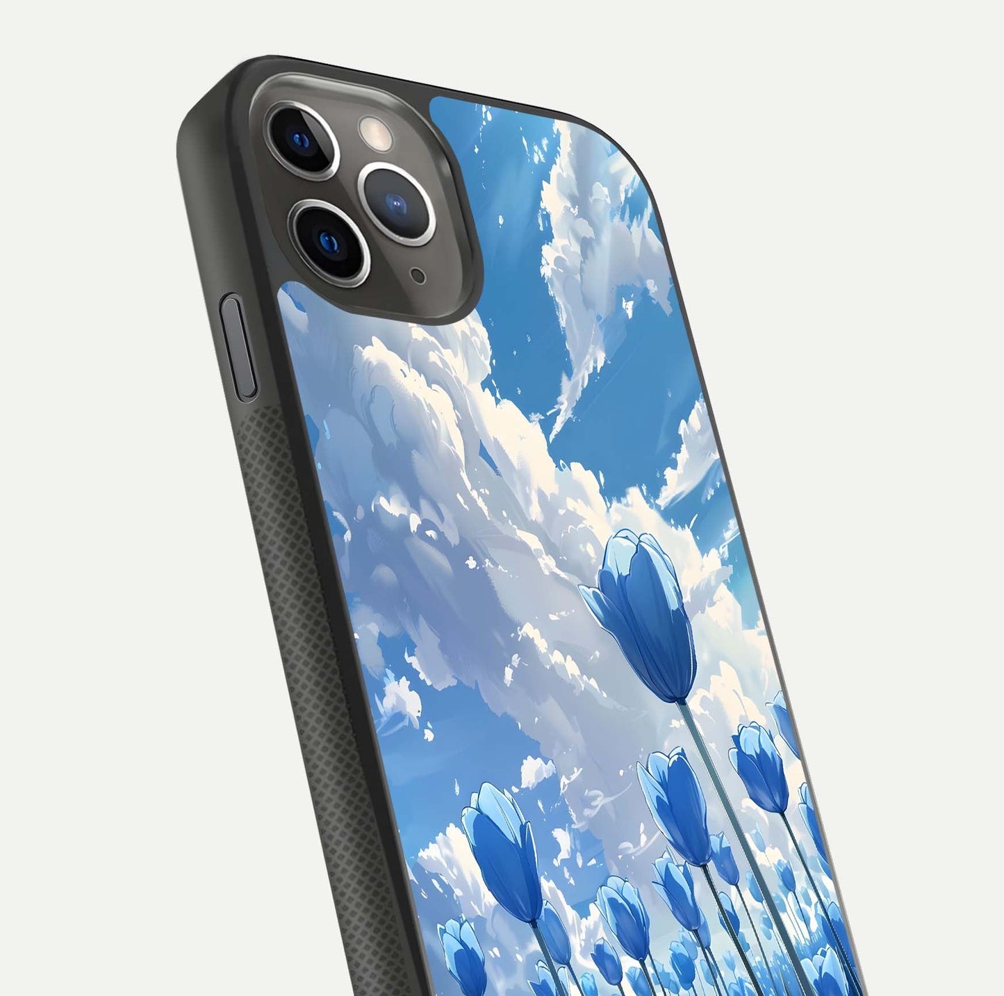 Blue Tulip Clouds Glass Case for iPhone 11 Pro Max side-angle image showing edge curve and flower reflection glow