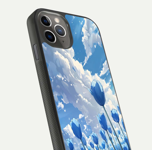 Blue Tulip Clouds Glass Case for iPhone 11 Pro Max side-angle image showing edge curve and flower reflection glow