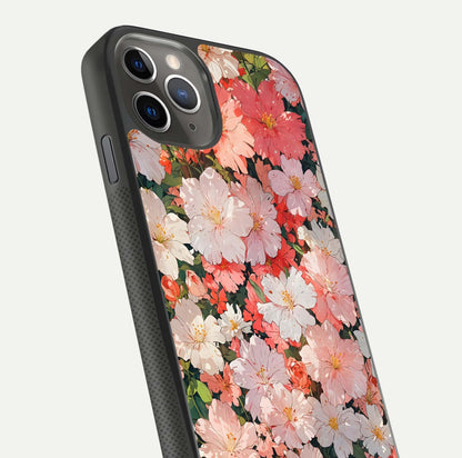Blush Bloom Field Glass Case for iPhone 11 Pro Max side-angle image showing petal pattern gloss and smooth edges
