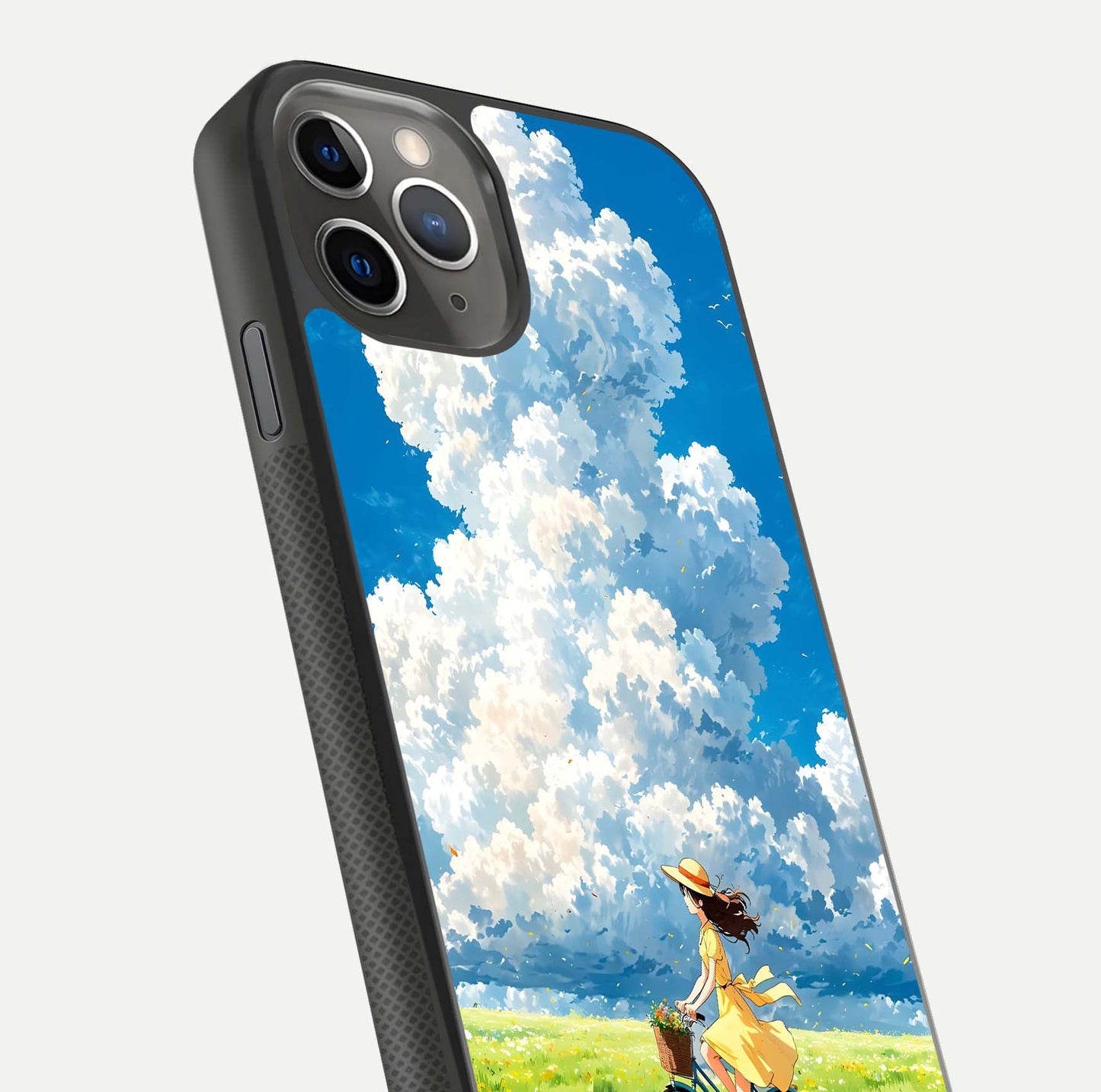 Breezy Meadow Ride Glass Case for iPhone 11 Pro Max side-angle image showing floral details and edge glow
