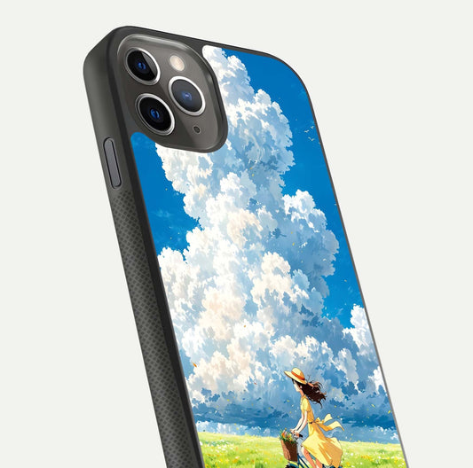 Breezy Meadow Ride Glass Case for iPhone 11 Pro Max side-angle image showing floral details and edge glow