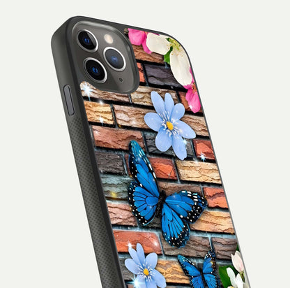 Brick Bloom Flight Glass Case for iPhone 11 Pro Max side-angle photo showing curve shine and detailed petal contrast