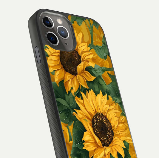 Bright Sunflower Bloom Glass Case for iPhone 11 Pro Max side-angle image showing shine texture and detailed bloom