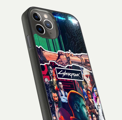 CYBERPUNK Legacy Glass Case for iPhone 11 Pro Max side-angle photo showing edge glow and reflective surface