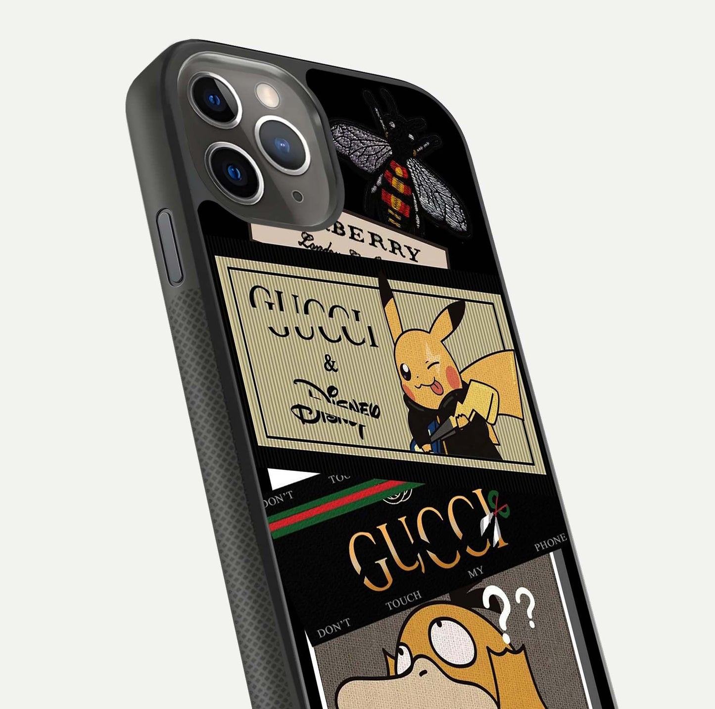 Cartoon Brand Play Mashup Glass Case for iPhone 11 Pro Max side-angle image showing reflection brightness and fun graphic mix