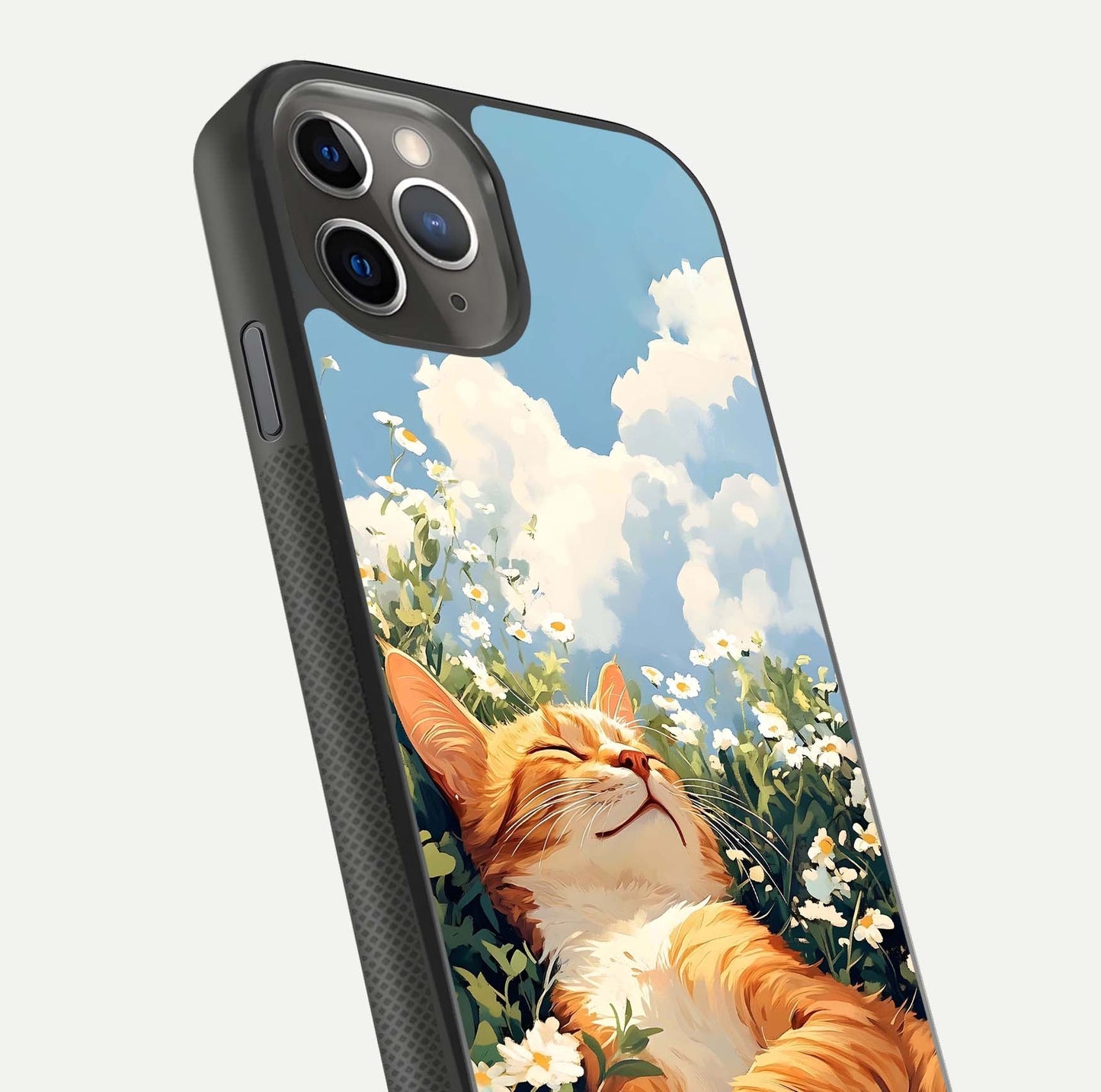 Cat & Flowers View Glass Case for iPhone 11 Pro Max side-angle image capturing cat print clarity and gloss tone
