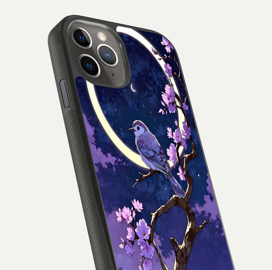 Celestial Bird Blossom Glass Case for iPhone 11 Pro Max side-angle image showing detailed wings and glossy polish