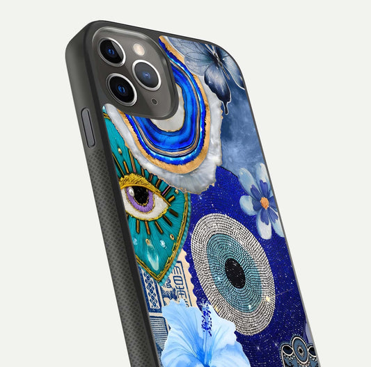 Celestial Blue Vision Glass Case for iPhone 11 Pro Max side-angle image capturing starlight shimmer and glass reflection