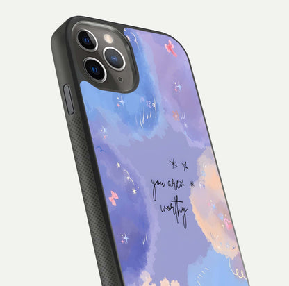 Celestial Cloud Magic Glass Case for iPhone 11 Pro Max side-angle photo showing edge reflection and dreamy texture