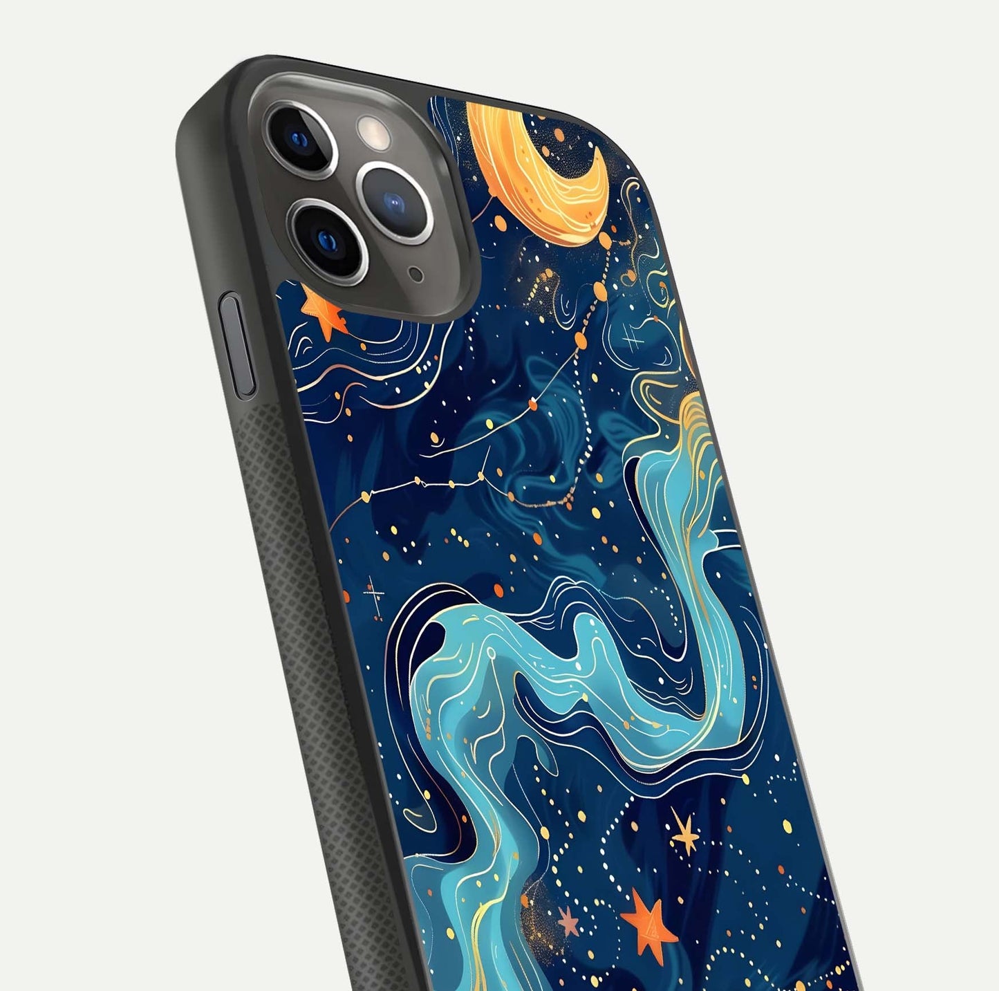 Celestial Dream Flow Glass Case for iPhone 11 Pro Max side-angle image capturing color swirl and glass reflection