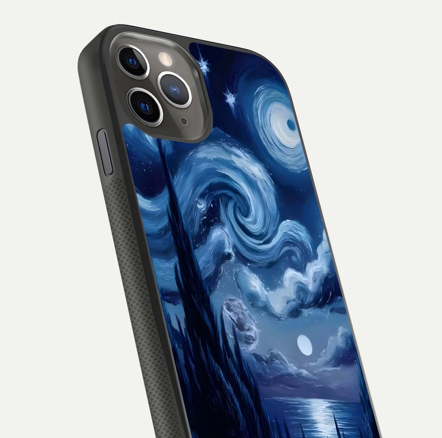Celestial Dream Van Gogh Glass Case for iPhone 11 Pro Max side-angle photo showing depth swirl design and curved reflection